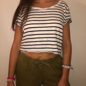 White and blue striped shirt & olive green shorts